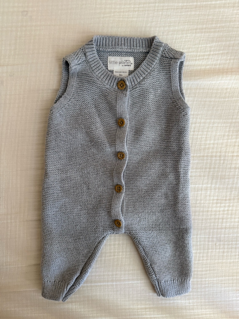 Little Planet Organic Gray Knit Button Front Baby One-Piece, EUC, 0-3 months